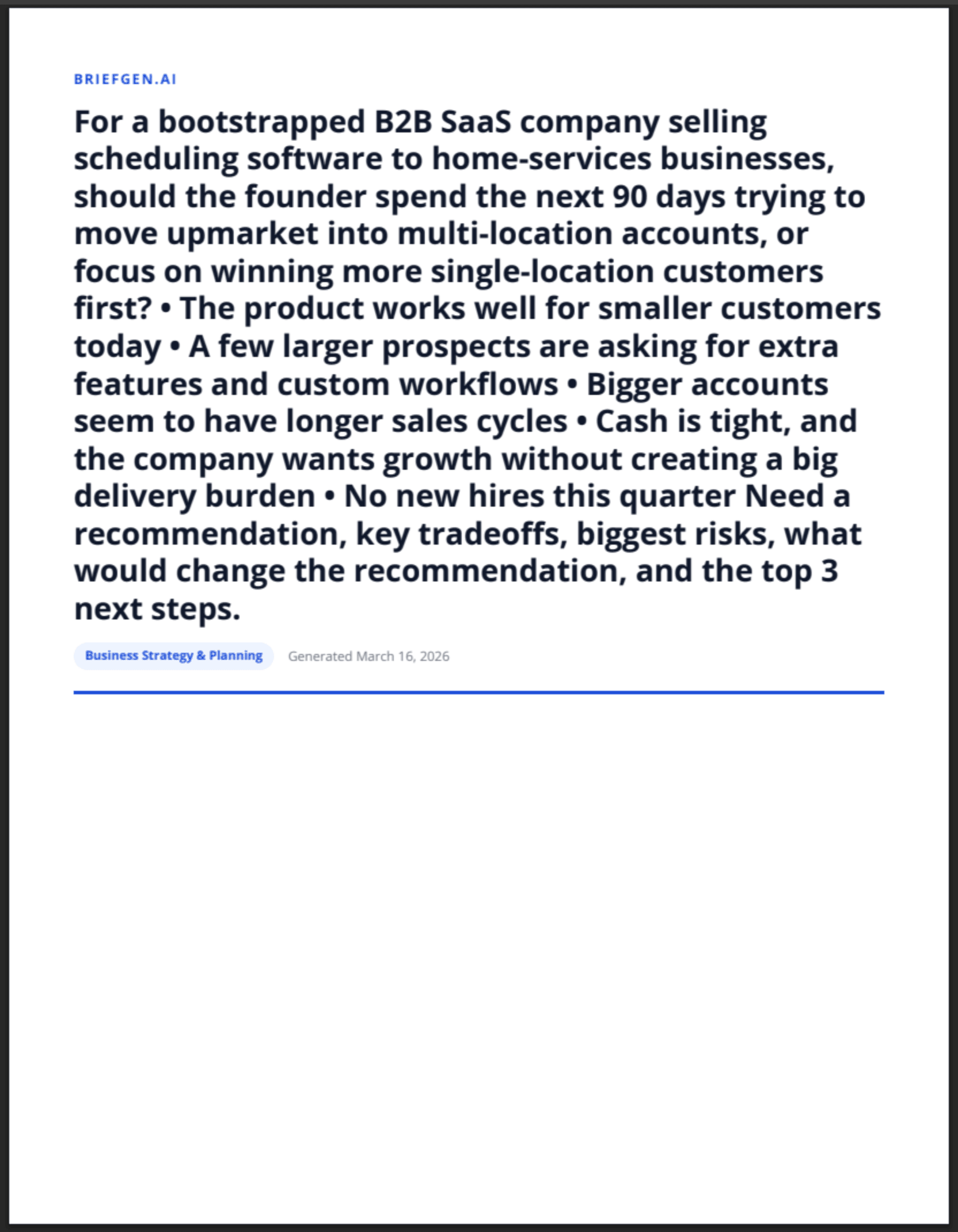 Standard sample opening page showing the business question and context